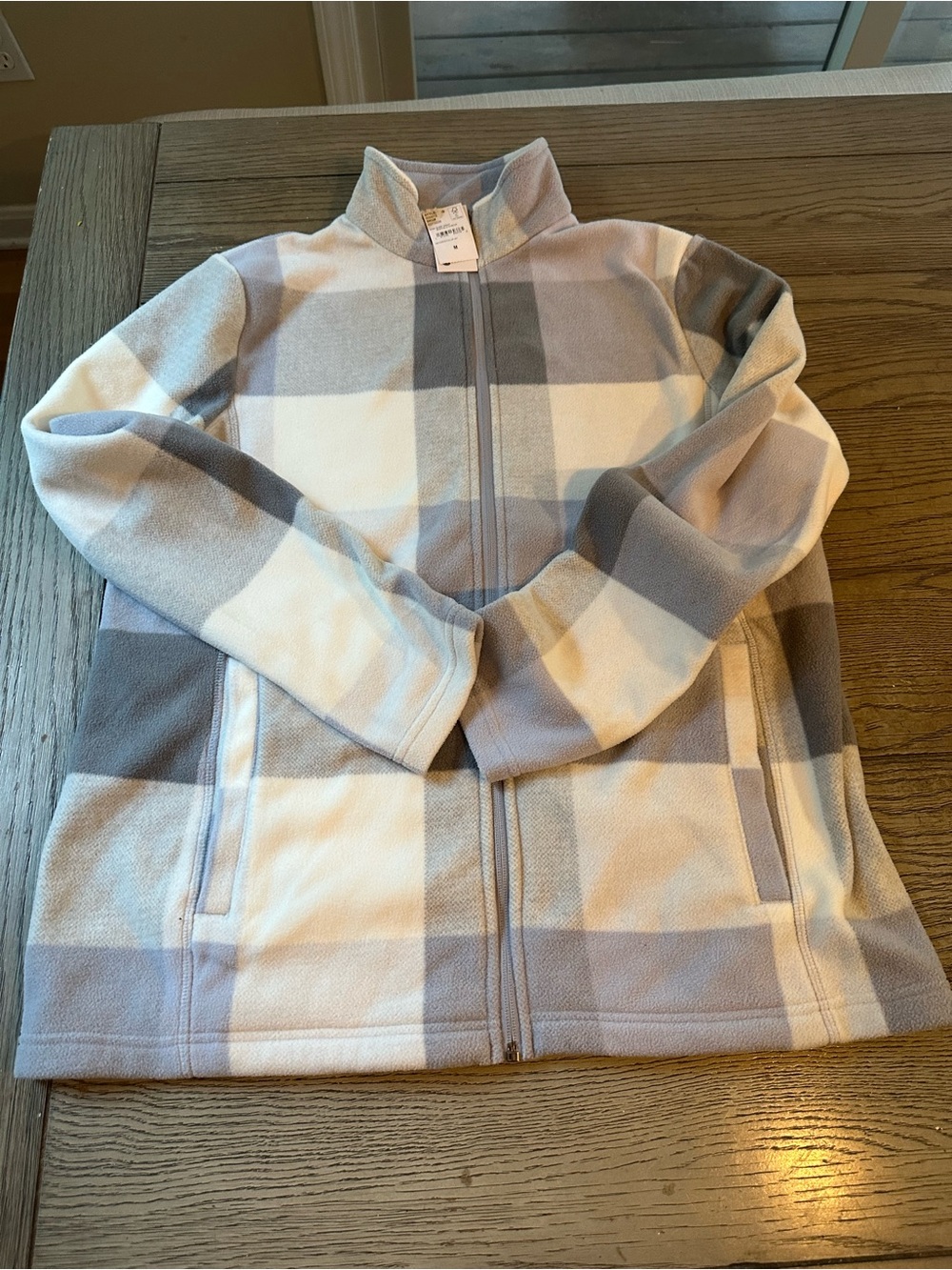 Lands' End Women's Plaid Zip Fleece Jacket -Cream & Gray